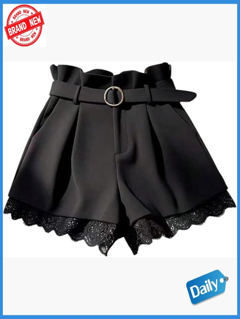 Pleated Lace Belted Wide Leg Shorts with Pockets